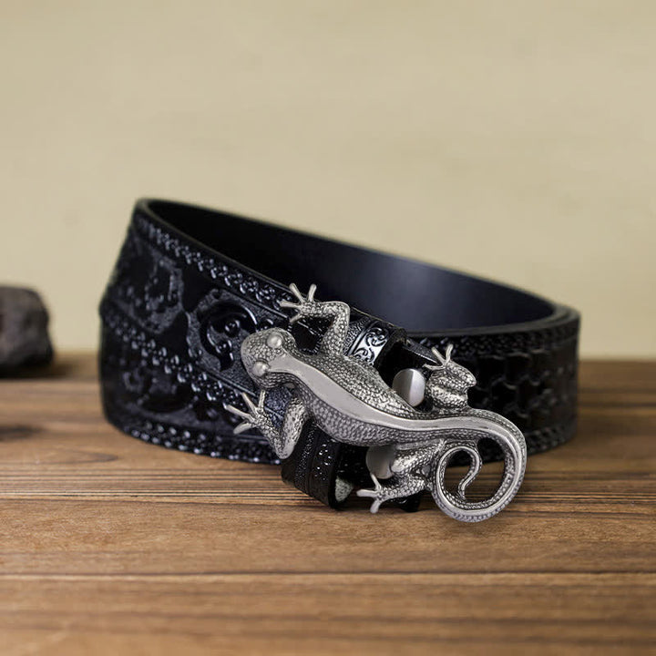 Ceinture en cuir à boucle unique en forme de lézard argenté pour homme