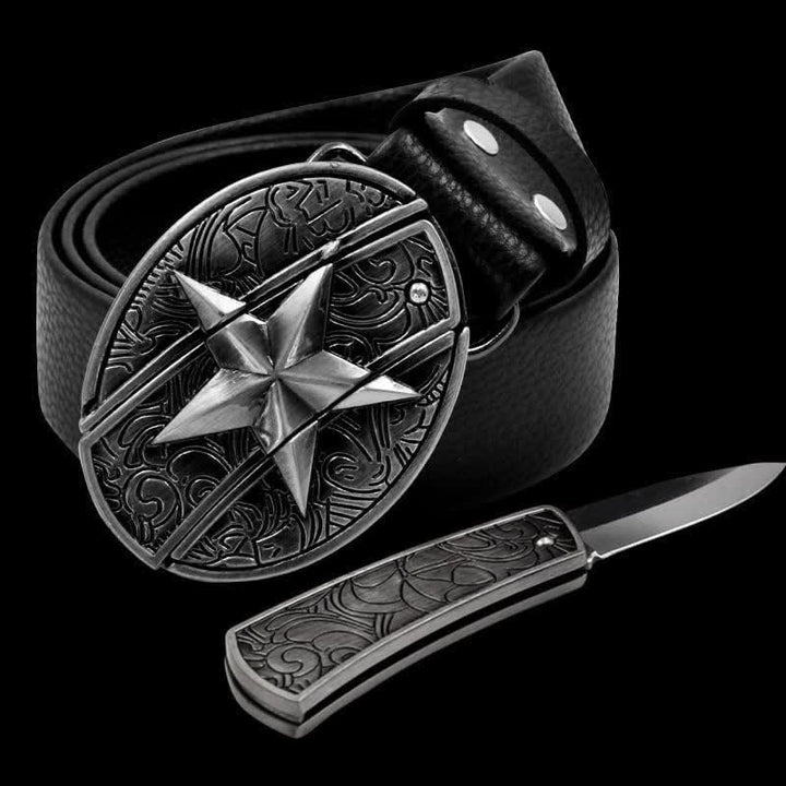 Ceinture en cuir pour homme avec pentagramme et couteau pliant