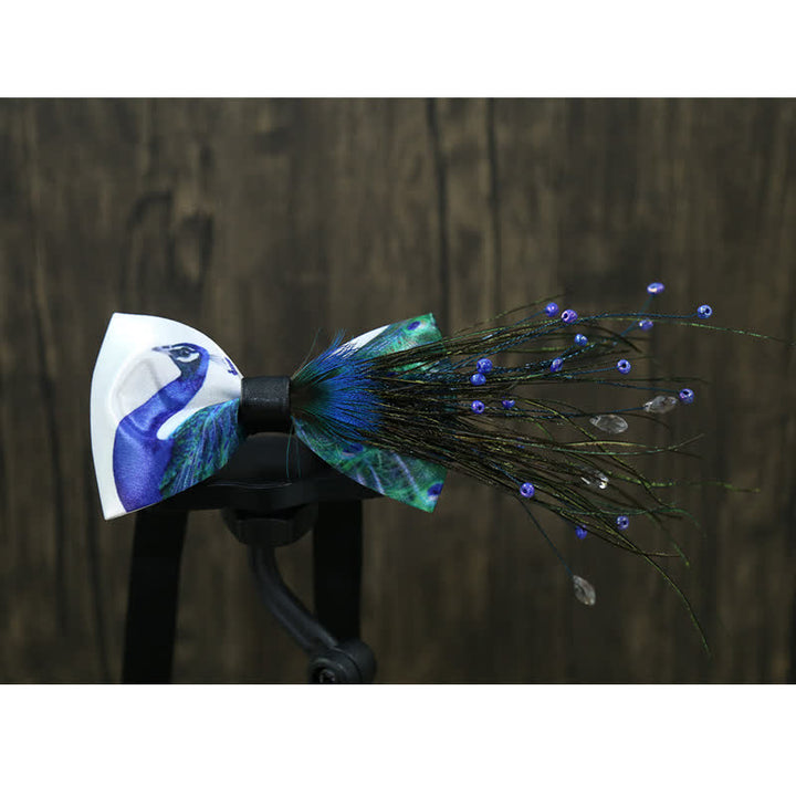 Nœud papillon en plumes et perles de paon bleu
