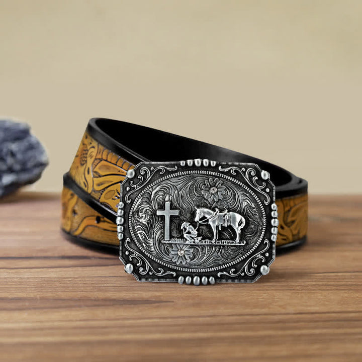 Ceinture en cuir à boucle de prière à genoux pour homme avec croix de cheval à faire soi-même