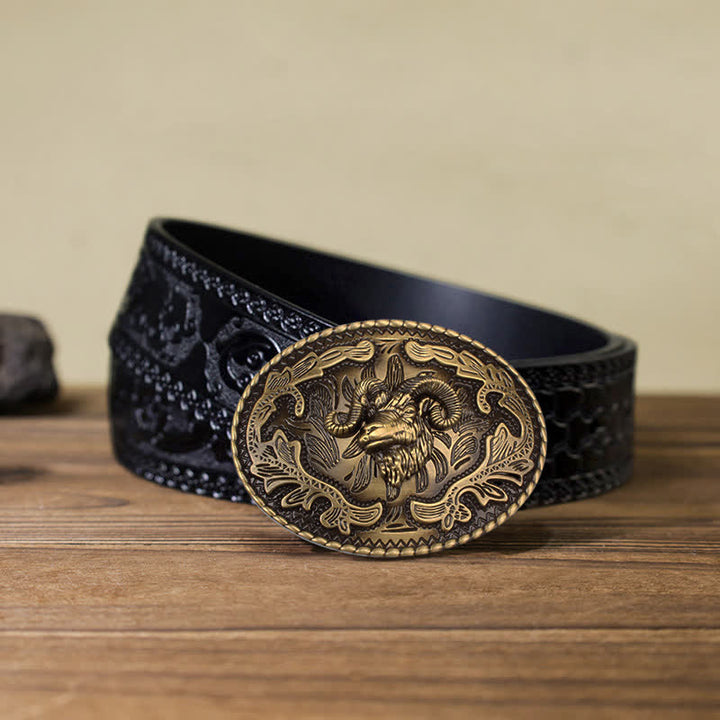 Ceinture en cuir à boucle tête de chèvre sauvage en bronze pour homme
