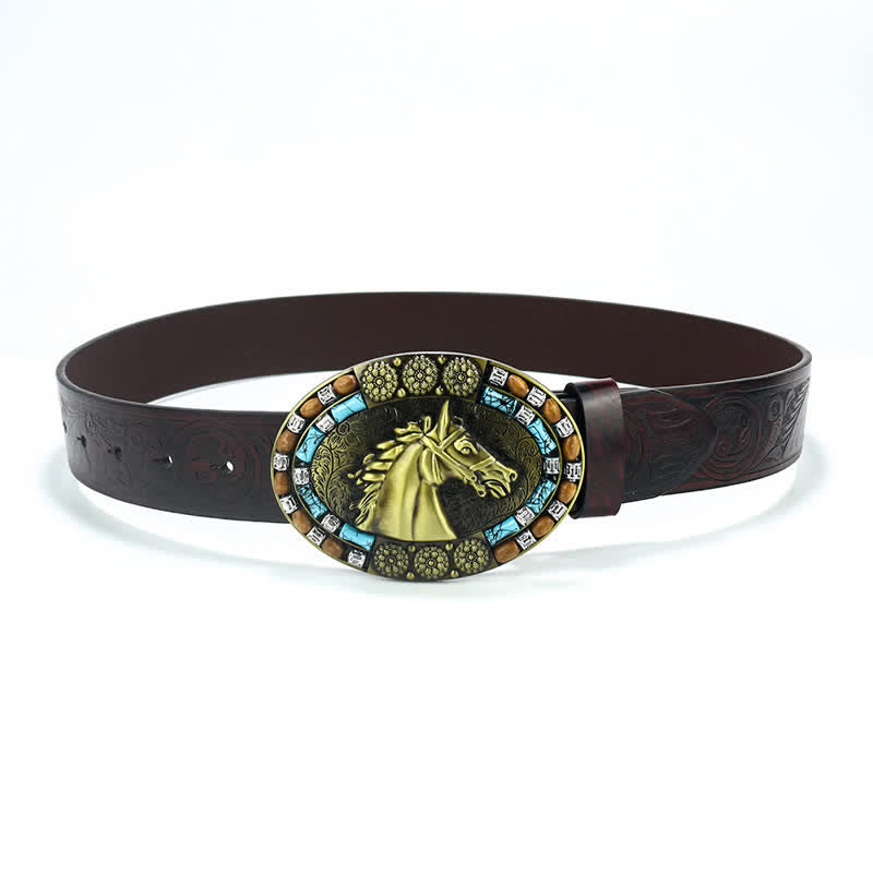 Ceinture en cuir turquoise pour homme avec tête de cheval de cow-boy