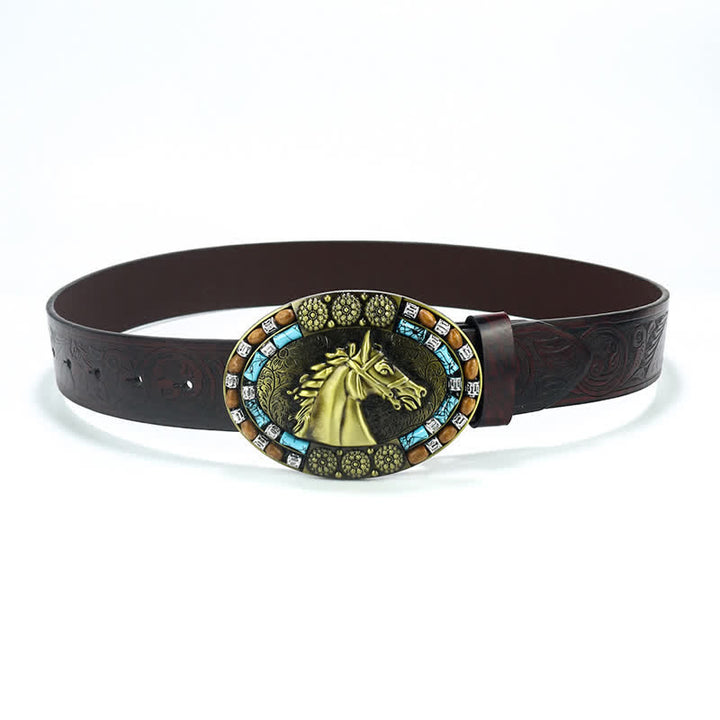 Ceinture en cuir turquoise pour homme avec tête de cheval de cow-boy