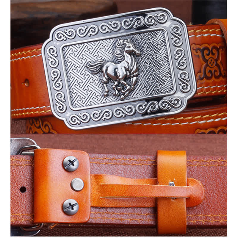 Ceinture en cuir de cheval argenté ethnique pour homme avec motif cowboy
