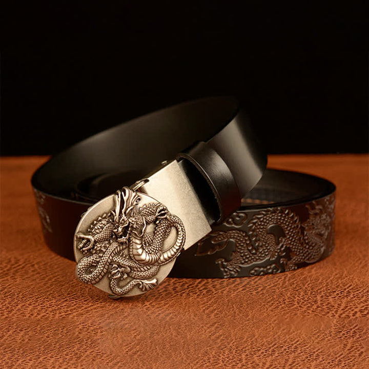 Ceinture en cuir à boucle automatique ronde pour homme avec motif dragon de flamme