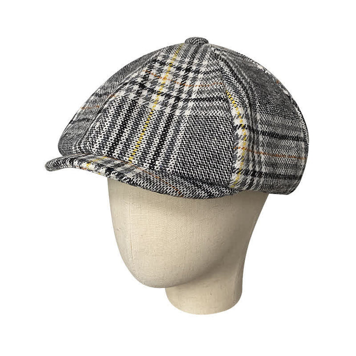 Casquette béret gavroche à carreaux gris et rayures jaunes