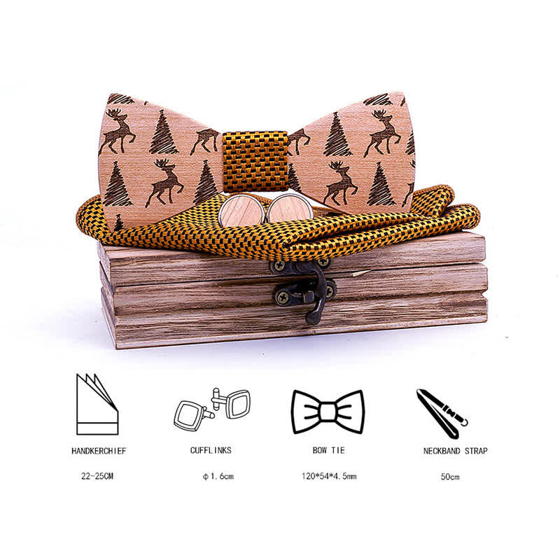Lot de 3 nœuds papillon en bois à motif cerf et sapin de Noël pour homme