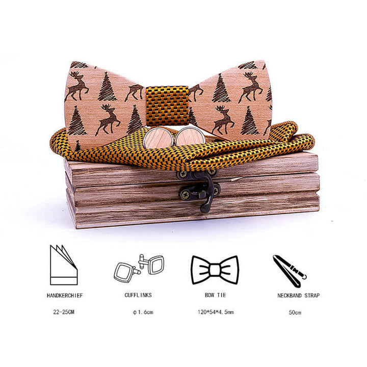 Lot de 3 nœuds papillon en bois à motif cerf et sapin de Noël pour homme