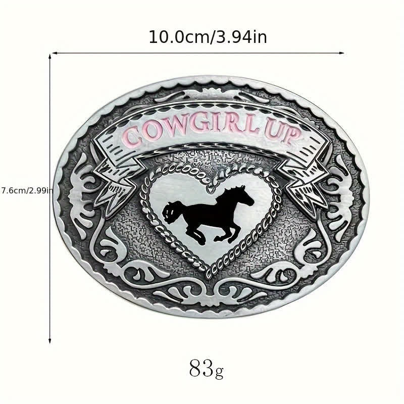 Ceinture en cuir à boucle relevée argentée pour femme avec motif cowgirl