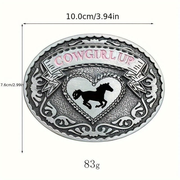 Ceinture en cuir à boucle relevée argentée pour femme avec motif cowgirl