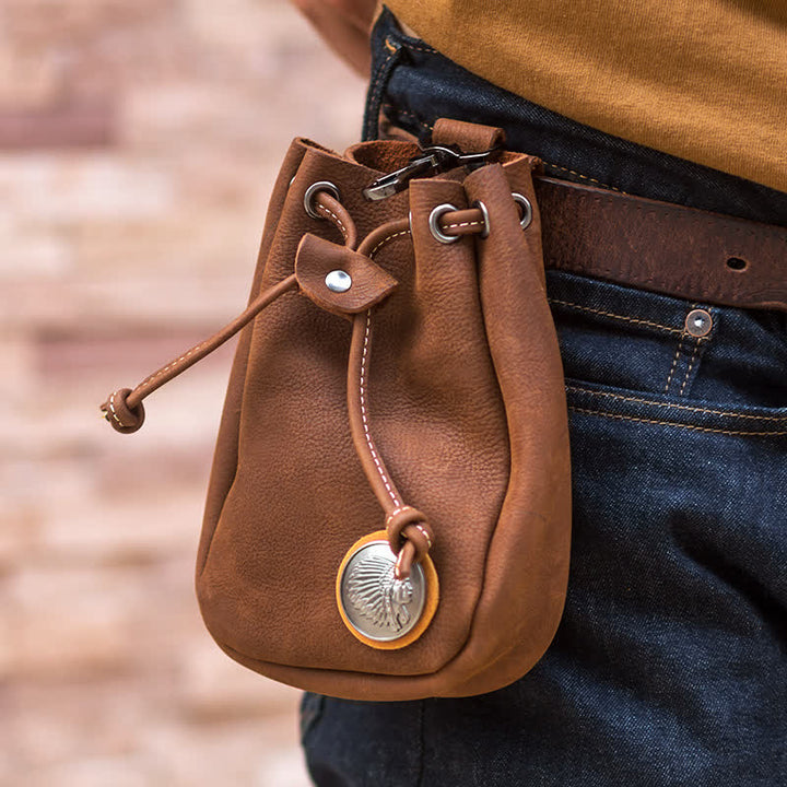 Petit portefeuille, porte-monnaie, sac ceinture en cuir avec cordon de serrage