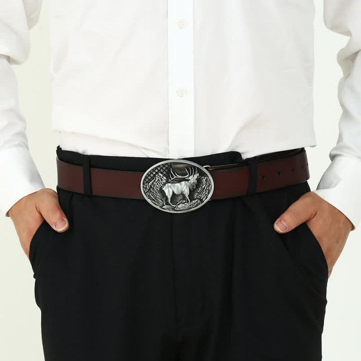 Ceinture en cuir à boucle pour homme avec drapeau américain et élan