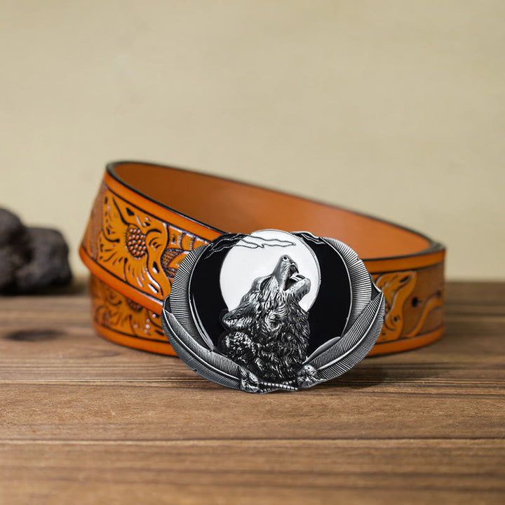 Ceinture en cuir à boucle ovale pour homme avec motif loup hurlant et lune