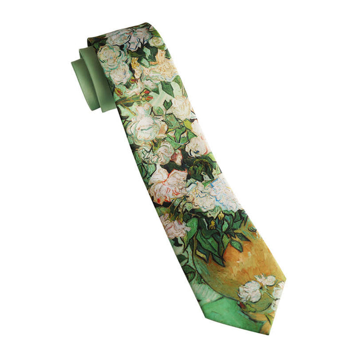 Cravate florale pour homme vert clair à motifs de roses blanches