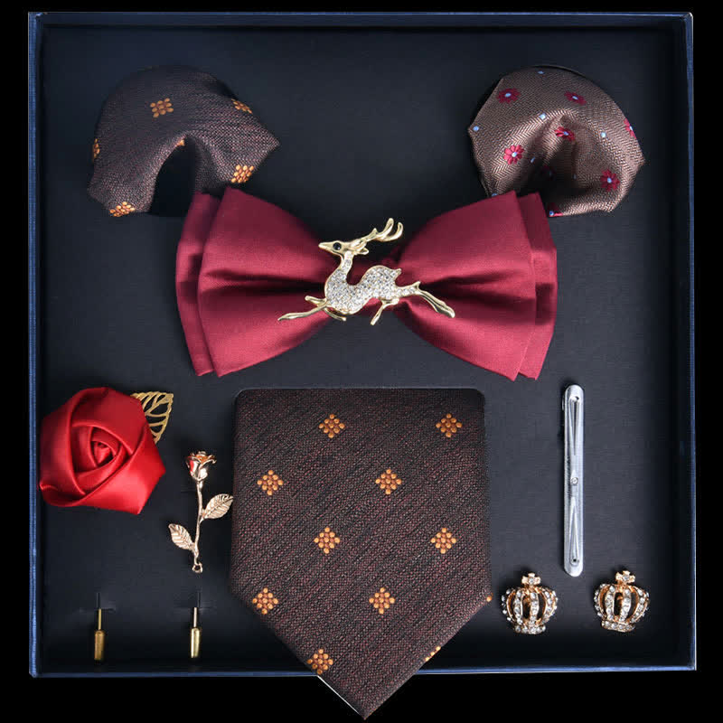 Coffret cadeau de 8 nœuds papillon de luxe à imprimé noble rouge et marron - Rouge et marron selle - image 0