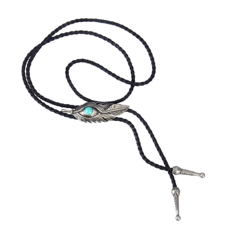 Cravate bolo en forme de plume avec incrustation de pierre turquoise bleue
