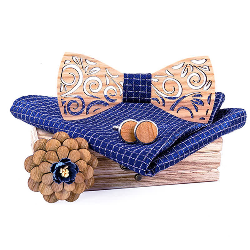 Lot de 4 nœuds papillon en bois à motif de feuilles creuses pour homme