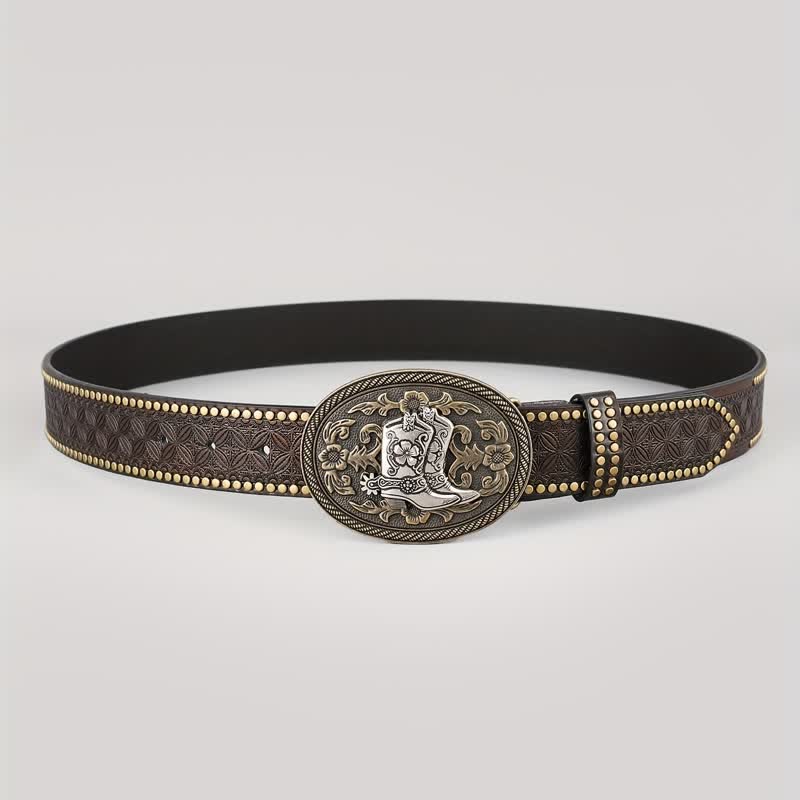 Ceinture en cuir à boucle ovale pour bottes rétro argentées pour hommes