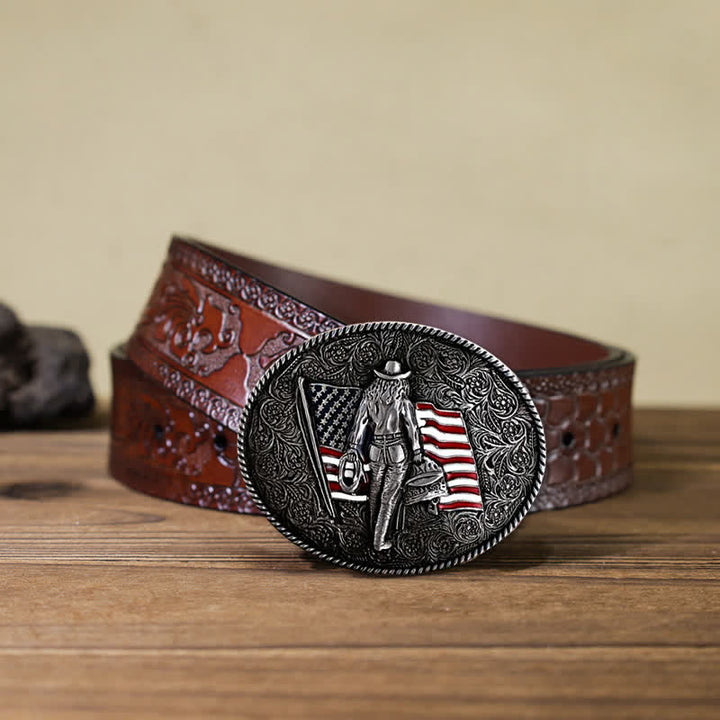 Ceinture en cuir à boucle drapeau américain pour homme avec motif cowboy