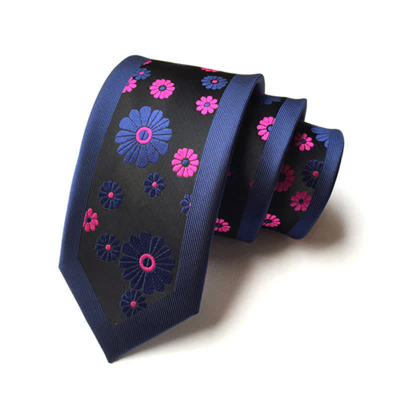 Cravate étroite à motif floral marguerite simple pour homme - Bleu marine et rose - image 2