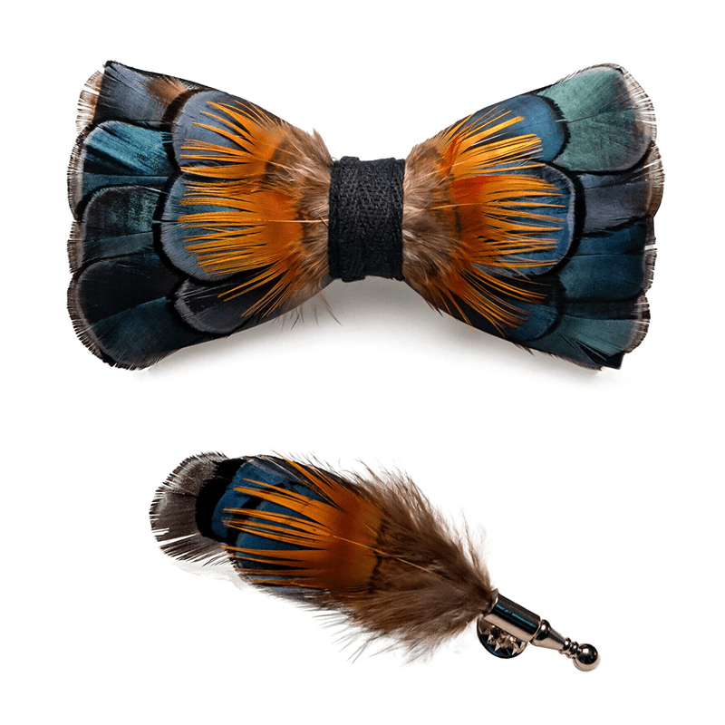 Nœud papillon en plumes de tournesol vertes et oranges avec épingle à revers