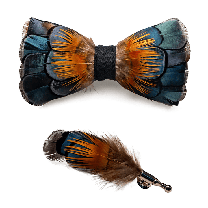 Nœud papillon en plumes de tournesol vertes et oranges avec épingle à revers