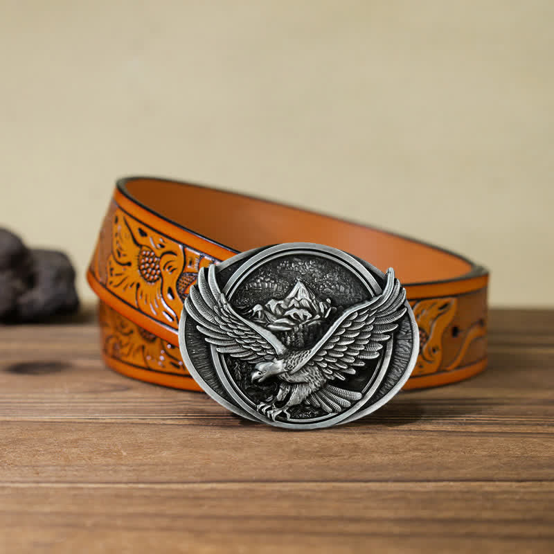 Ceinture en cuir à boucle pour homme avec motif d'aigle volant dominant