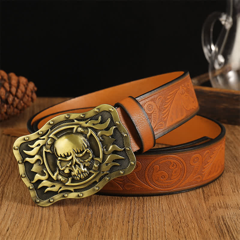 Ceinture en cuir tendance pour homme avec tête de mort et flamme