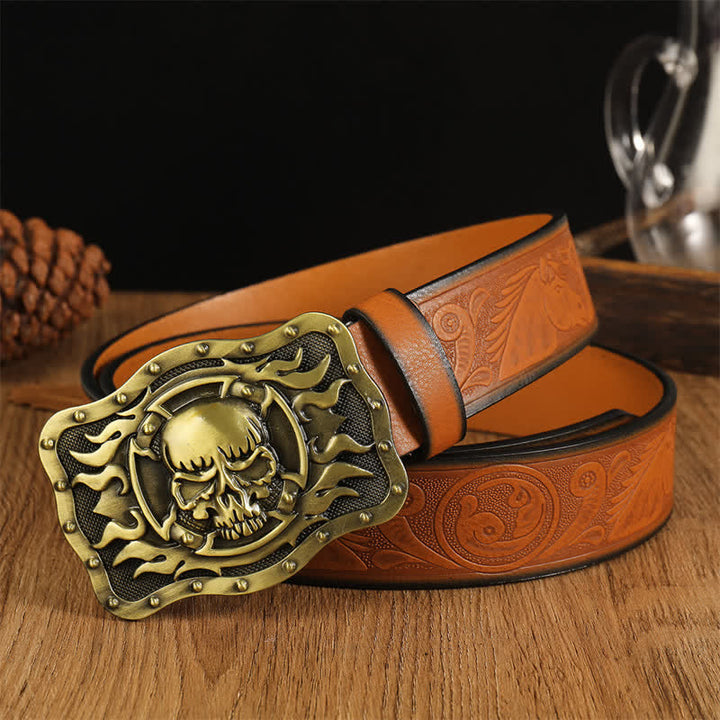 Ceinture en cuir tendance pour homme avec tête de mort et flamme