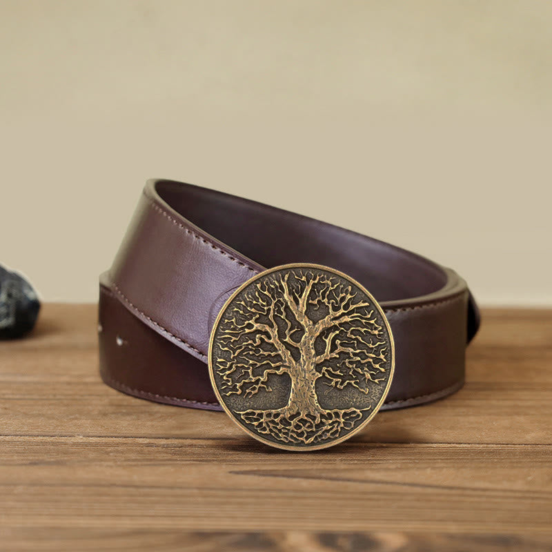 Ceinture en cuir à boucle ronde pour homme avec motif arbre de vie