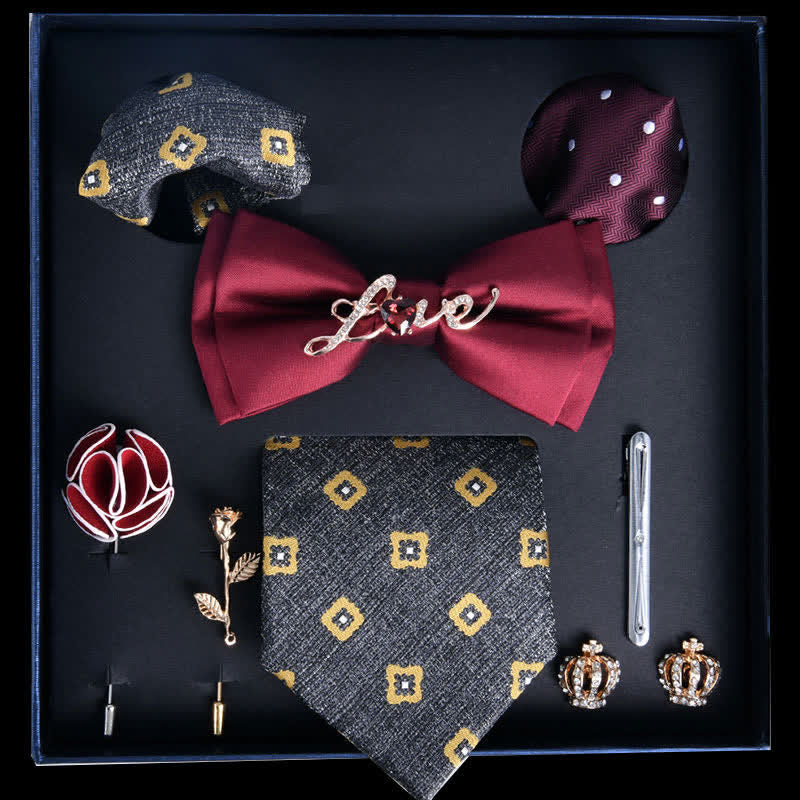 Coffret cadeau de 8 nœuds papillon de luxe à imprimé noble rouge et gris ardoise clair - Rouge et gris ardoise clair - image 0