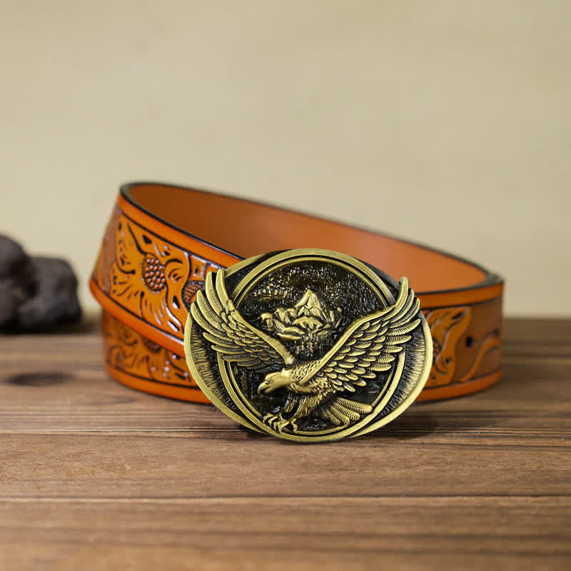 Ceinture en cuir à boucle pour homme avec motif d'aigle volant dominant