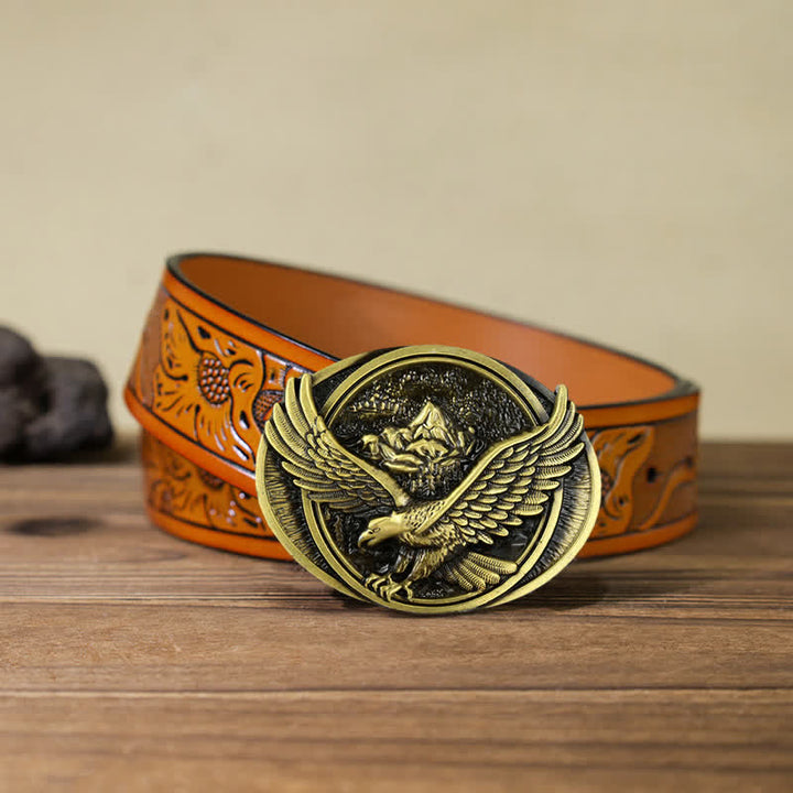 Ceinture en cuir à boucle pour homme avec motif d'aigle volant dominant
