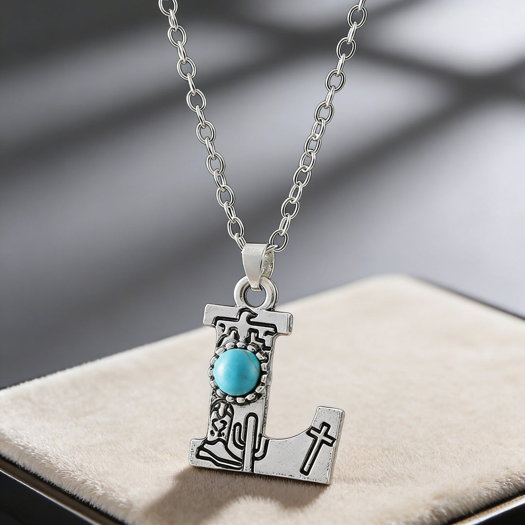 Collier vintage avec pendentif turquoise et initiale - L - image 20