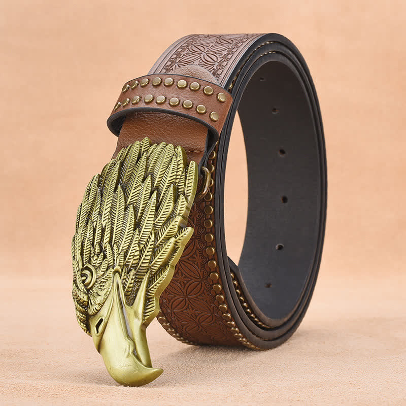Ceinture en cuir à rivets pour homme, motif tête de vautour et aigle