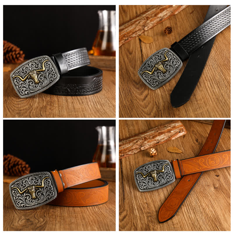 Ceinture en cuir à boucle carrée et fleur pour homme