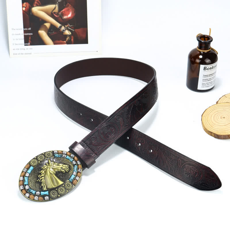 Ceinture en cuir turquoise pour homme avec tête de cheval de cow-boy