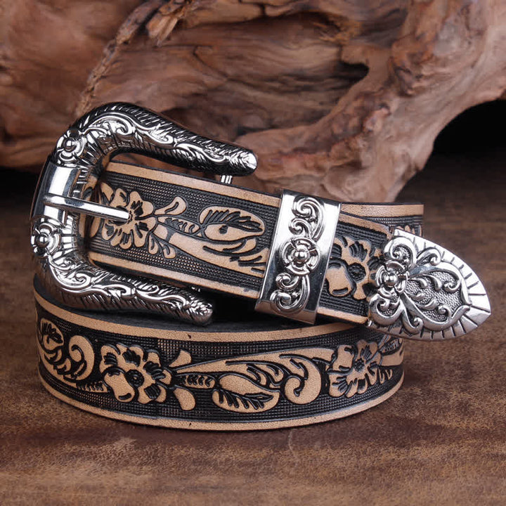 Ceinture unisexe vintage en cuir avec petit motif rose en relief