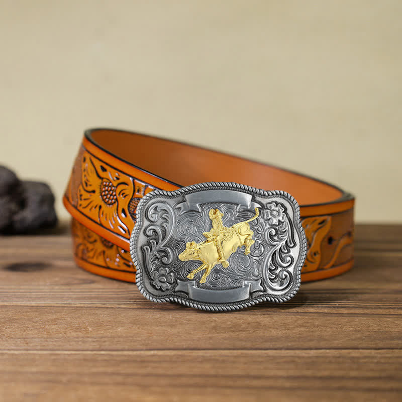 Ceinture en cuir à boucle animalière sculptée en or pour homme - Rodeo - Ceinture sculptée orange (40) - image 27