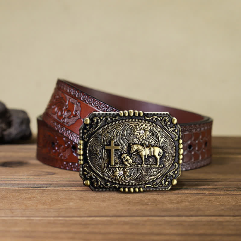 Ceinture en cuir à boucle de prière à genoux pour homme avec croix de cheval à faire soi-même