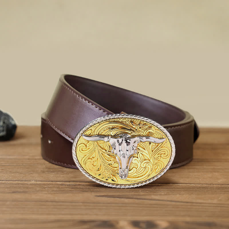 Ceinture en cuir à boucle tête de taureau dorée brillante pour homme