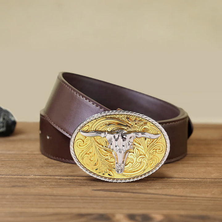 Ceinture en cuir à boucle tête de taureau dorée brillante pour homme