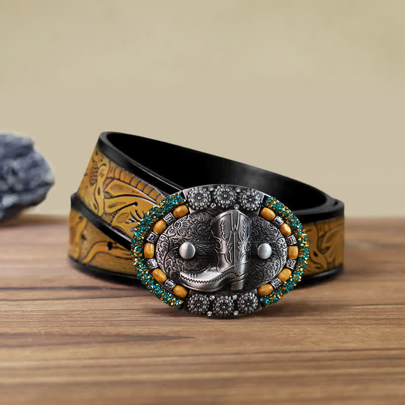 Ceinture en cuir avec boucle de botte en perles de bois et strass pour homme