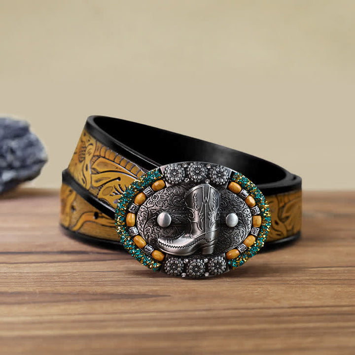Ceinture en cuir avec boucle de botte en perles de bois et strass pour homme