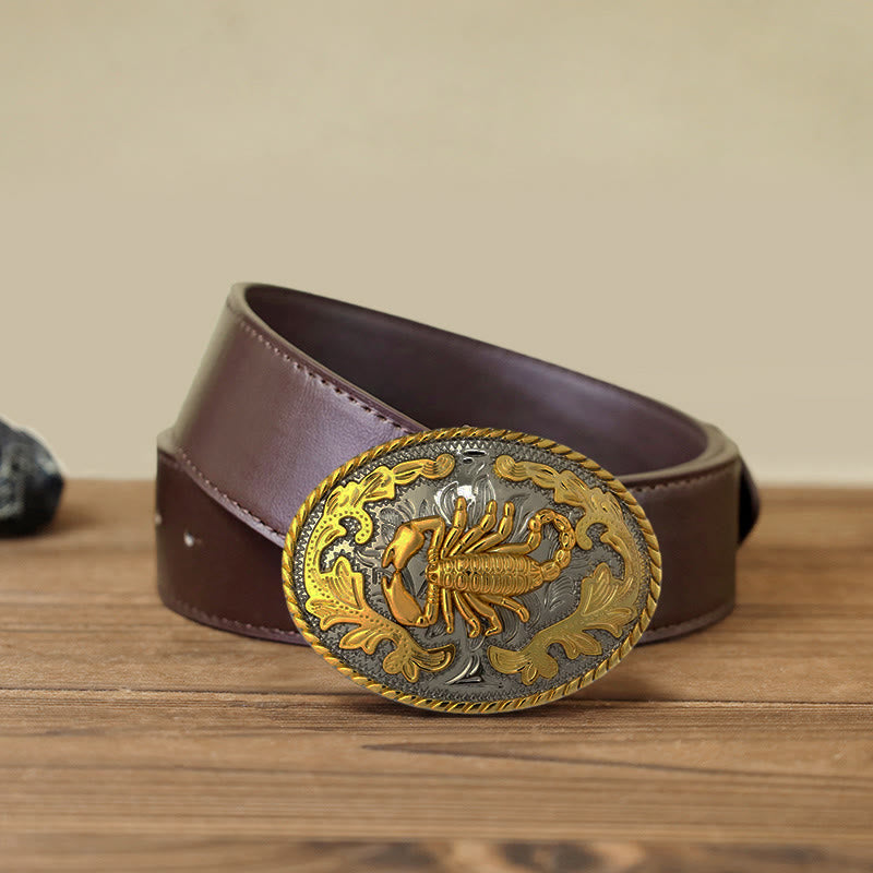 Ceinture en cuir à boucle scorpion doré pour homme