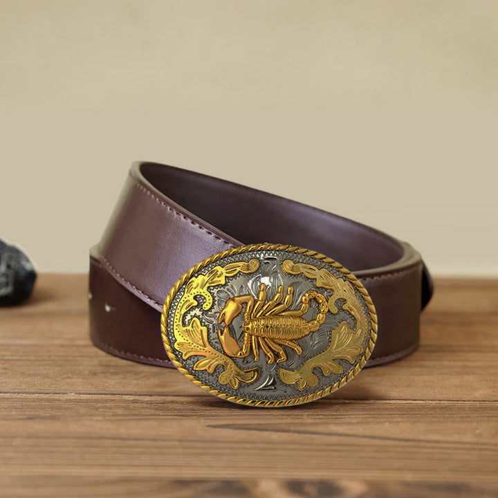 Ceinture en cuir à boucle scorpion doré pour homme