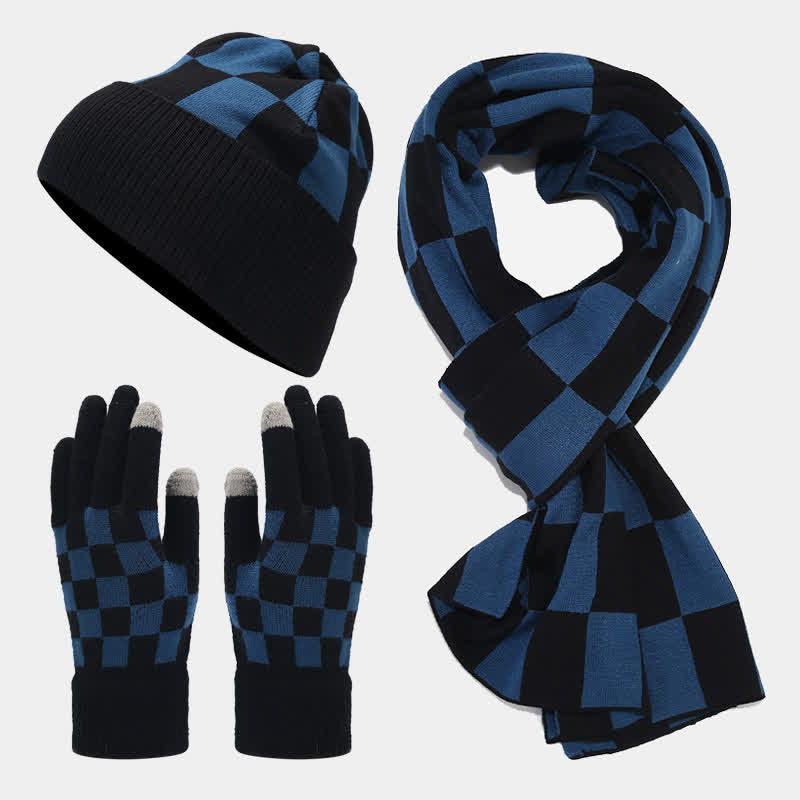 Ensemble de 3 pièces unisexe à carreaux en damier avec bonnet, écharpe et gants