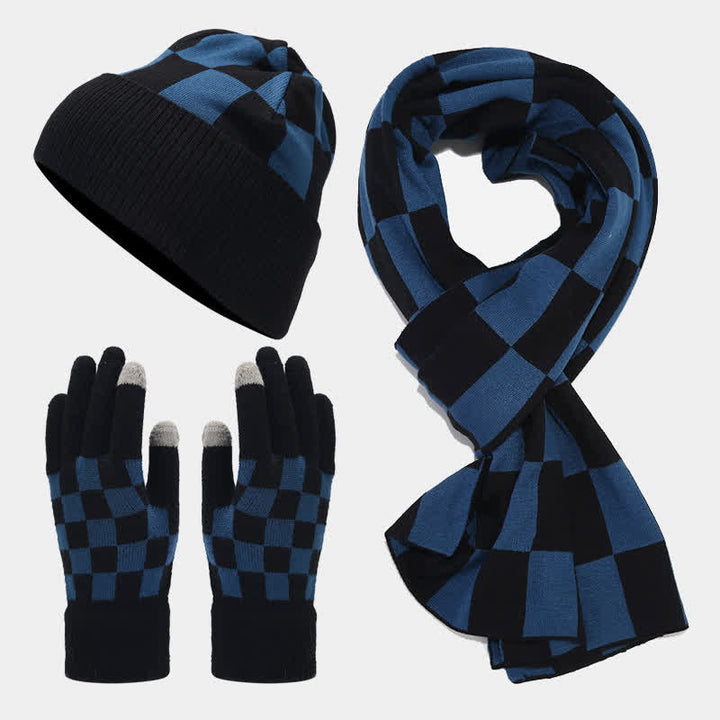 Ensemble de 3 pièces unisexe à carreaux en damier avec bonnet, écharpe et gants