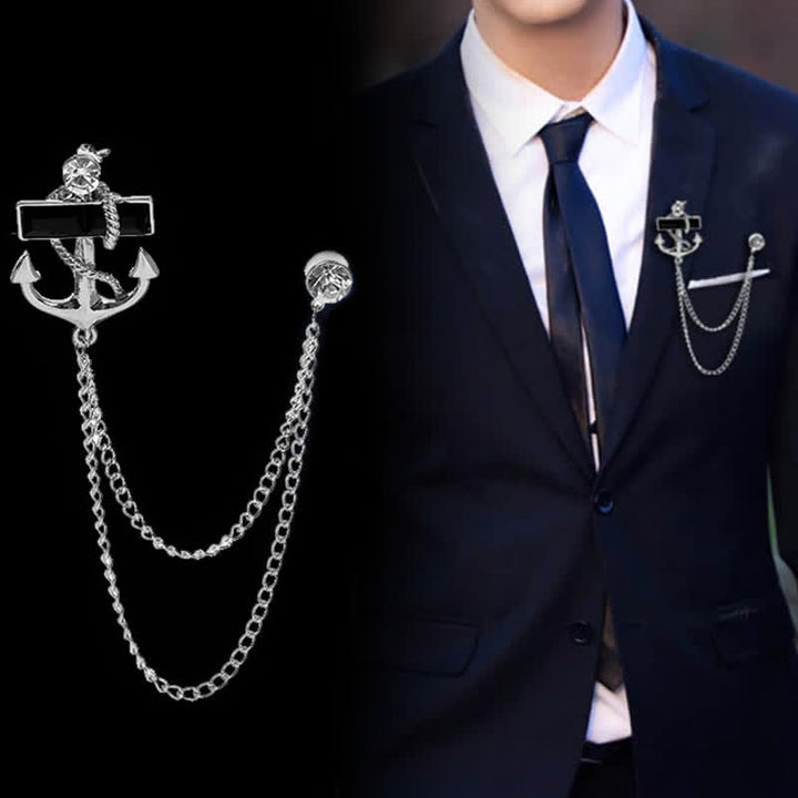 Broche pour homme avec chaîne d'ancre et pierres précieuses noires