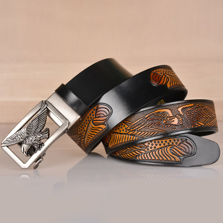 Ceinture en cuir gaufré à boucle aigle creuse pour homme